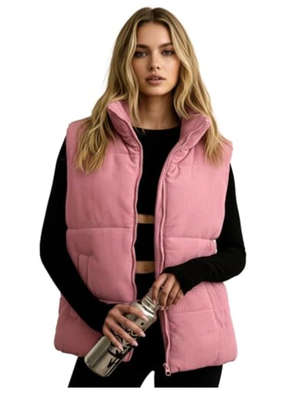 Quilted Corduroy Puffer Vest Zip Up Stand Collar Pockets